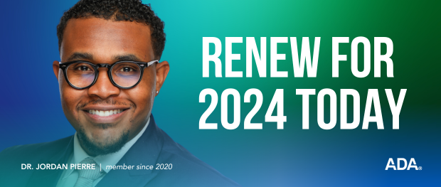 Renew for 2024, member dentist in glasses smiling