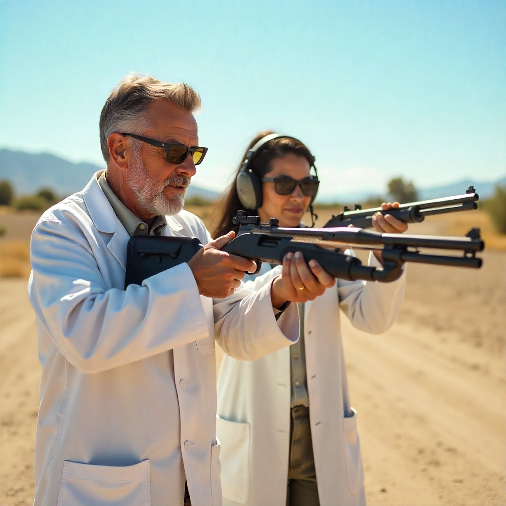 Dentists in lab coats with shotguns
