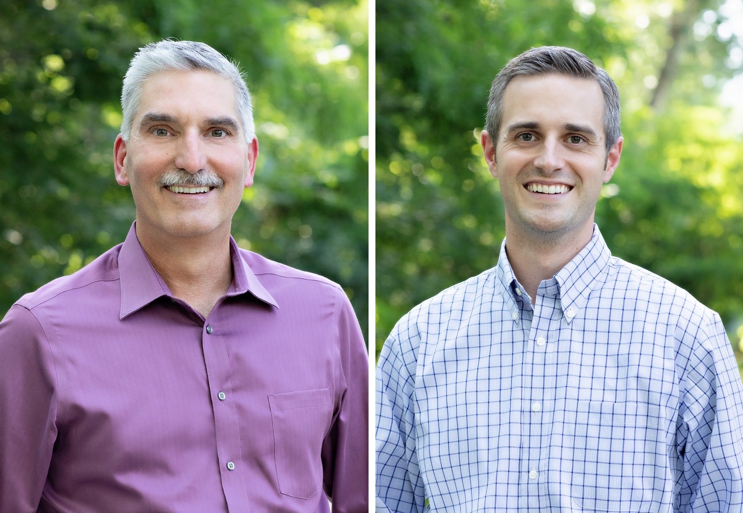 Headshot photos of Drs. Lincks and Demetter in front of some green foliage